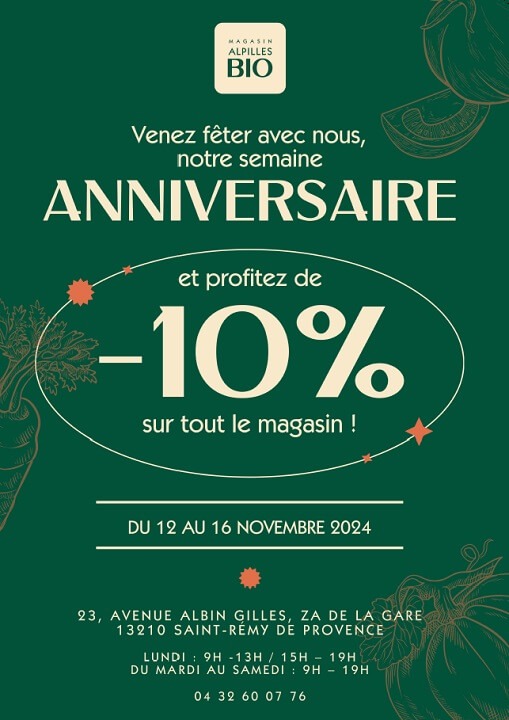 Anniversaire Alpilles Bio, magasin bio à Saint Rémy de Provence